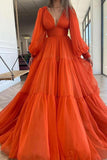 Long Sleeves A-line Deep V Neck Orange Simple Prom Dress Maxi Dress OKV98