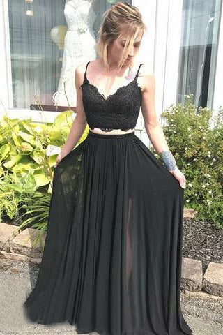 Spaghetti Strap V Neck Two Piece Long Prom Dress Black Lace Evening Dress OKO99