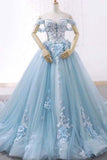 Light Blue Sweetheart Tulle Appliques Ball Gowns Prom Dresses OKE89