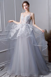 Gray A Line Long Spaghetti Straps Prom Dress With Lace OKK58