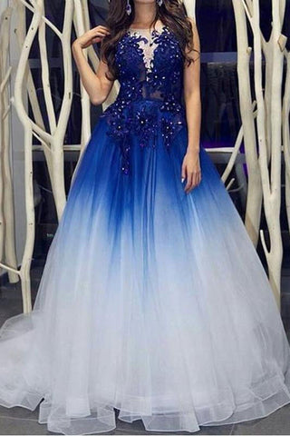 Elegant Royal Blue White Ombre Long Prom Dress with Appliques for Teens OKH18